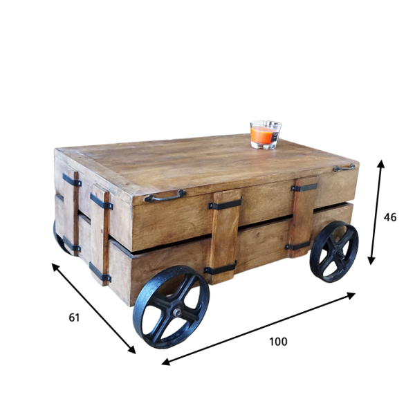 Couchtisch aus Massivholz mit Metallrollen und Stauraumtruhe