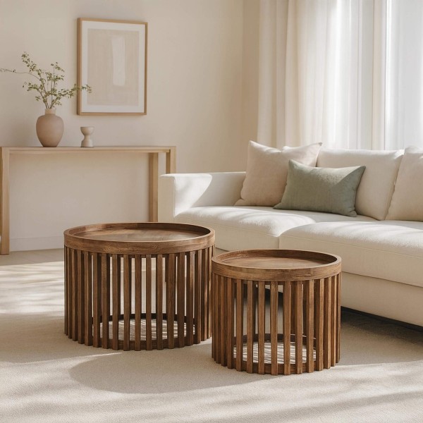 Runde Couchtische aus naturbelassenem Mangoholz (2er-Set) – Orbit
