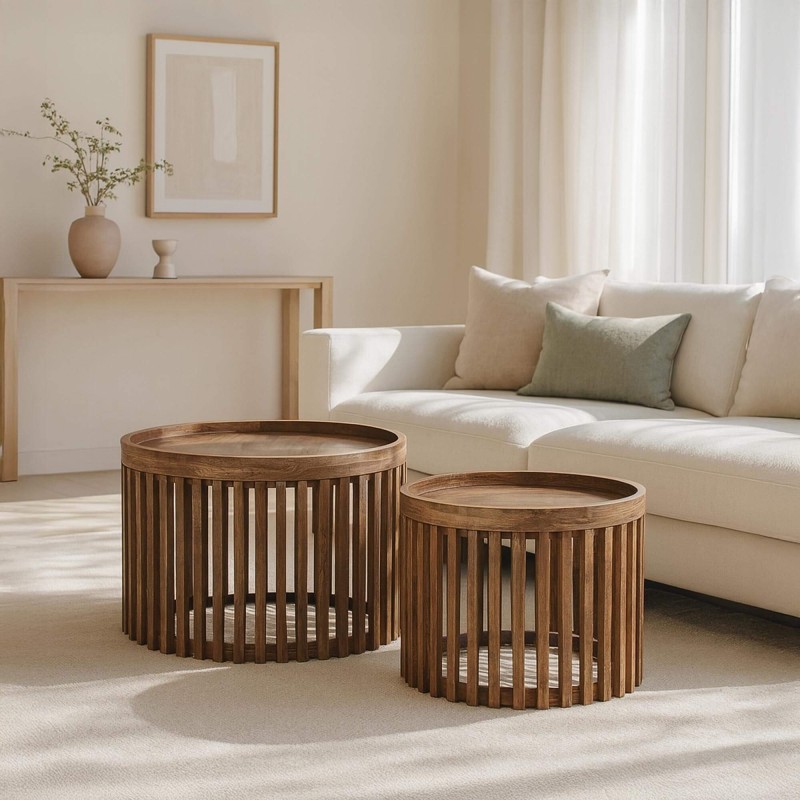 Runde Couchtische aus naturbelassenem Mangoholz (2er-Set) – Orbit