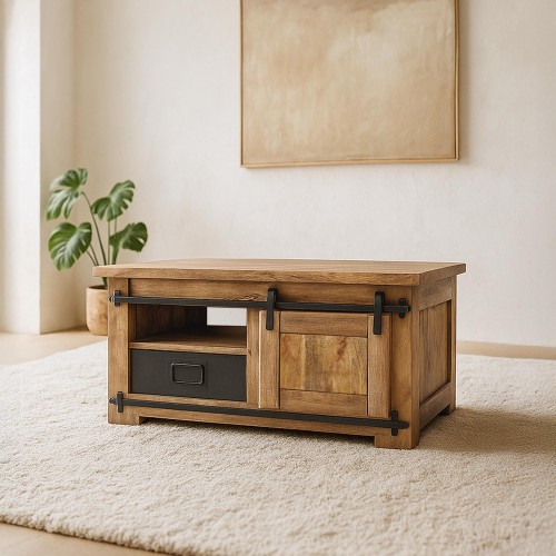 Industrieller Couchtisch aus massivem Mangoholz und Metall – Paris