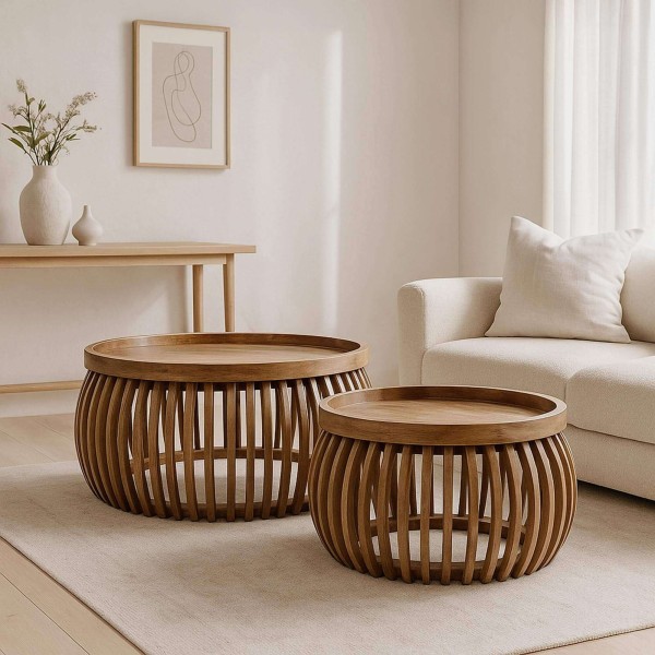 Set aus 2 runden Couchtischen aus massivem Mangoholz – Orbit