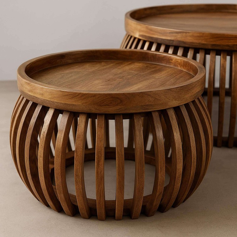 Set aus 2 runden Couchtischen aus massivem Mangoholz – Orbit