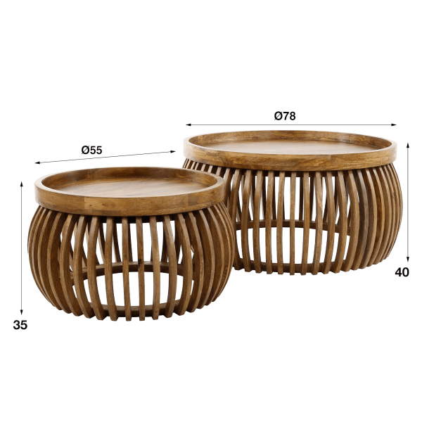 Set aus 2 runden Couchtischen aus massivem Mangoholz – Orbit