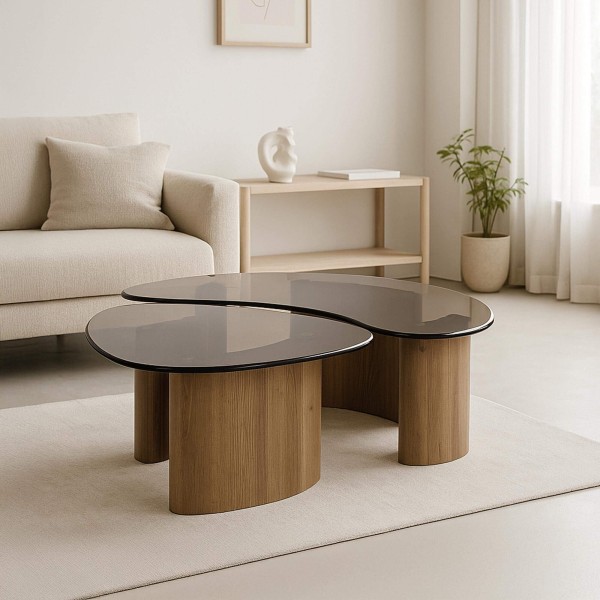Organisch geformter Couchtisch mit Glasplatte (2er-Set) – Tinto