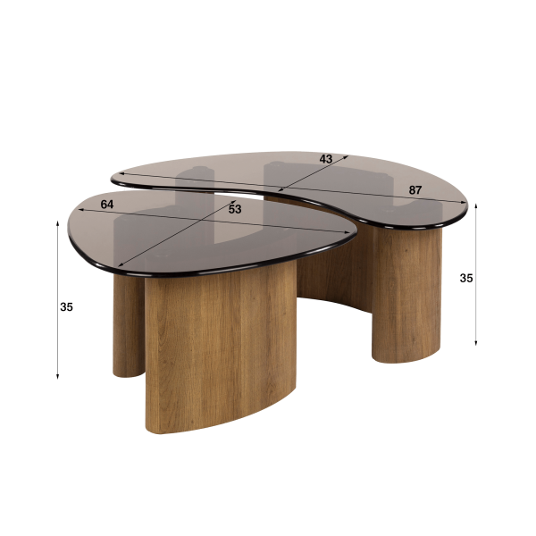 Organisch geformter Couchtisch mit Glasplatte (2er-Set) – Tinto