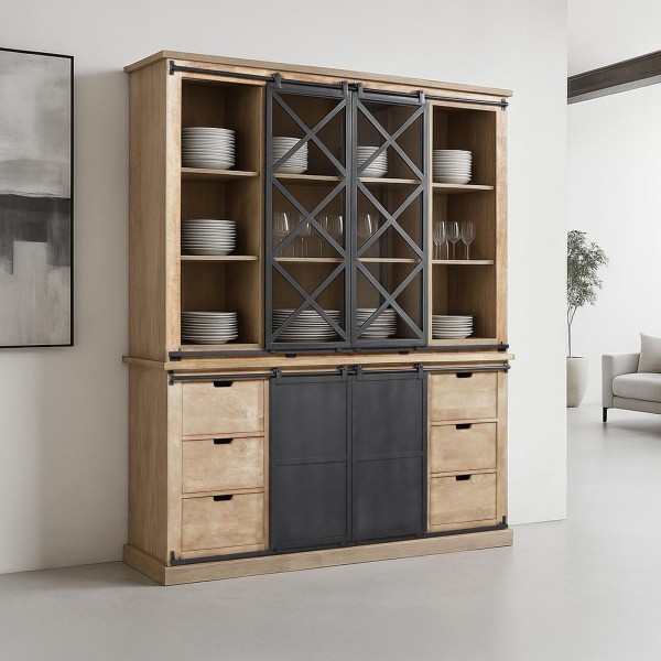 Vitrine im Industrial-Stil aus Massivholz 180 cm – Detroit