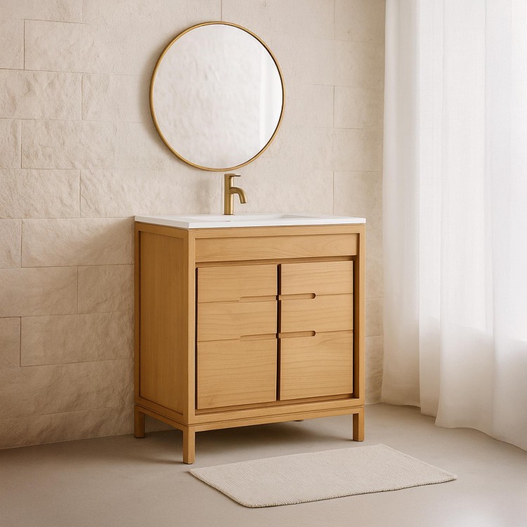 Waschtischunterschrank mit einzelner Aufsatzschale aus Massivholz, Hochglanz Weiß – Ashwini