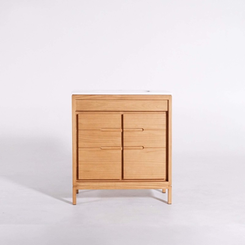 Waschtischunterschrank mit einzelner Aufsatzschale aus Massivholz, Hochglanz Weiß – Ashwini