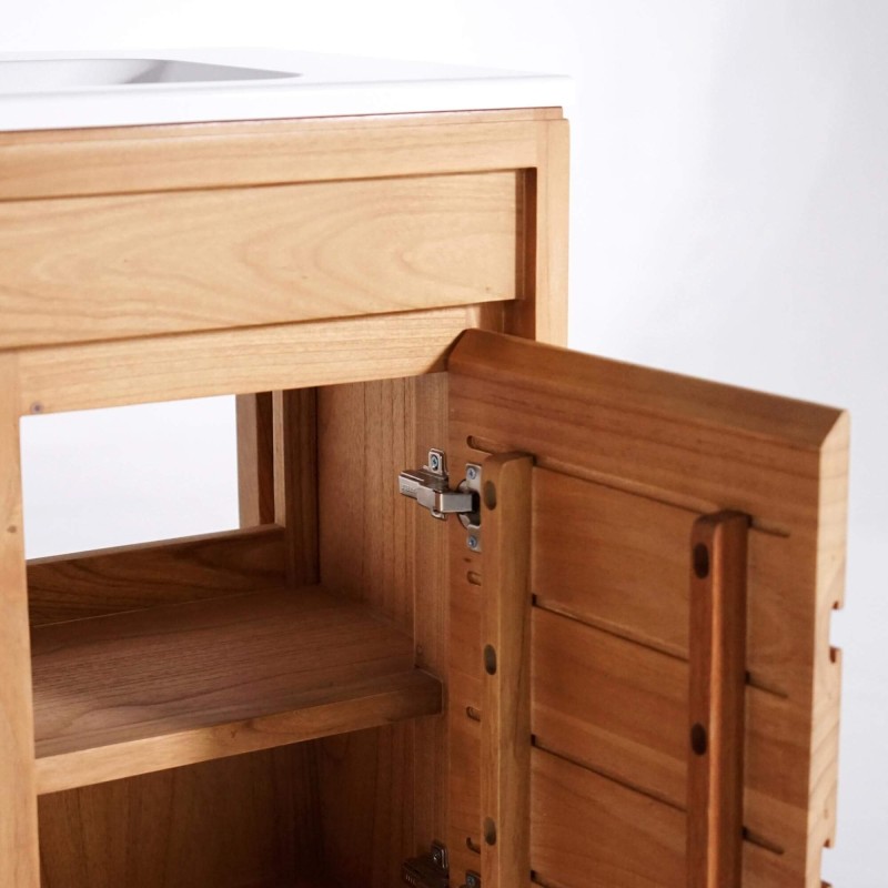 Waschtischunterschrank mit einzelner Aufsatzschale aus Massivholz, Hochglanz Weiß – Ashwini