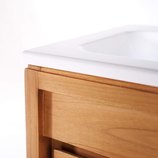 Waschtischunterschrank mit einzelner Aufsatzschale aus Massivholz, Hochglanz Weiß – Ashwini