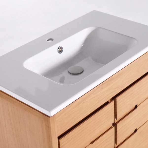 Waschtischunterschrank mit einzelner Aufsatzschale aus Massivholz, Hochglanz Weiß – Ashwini