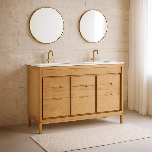 Badezimmermöbel mit Doppelwaschbecken aus Massivholz, glänzend Weiß – Ashwini