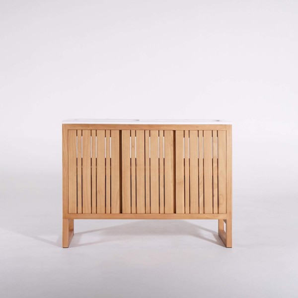 Waschtisch mit Doppelwaschbecken aus Massivholz, Hochglanz Weiß – Satya