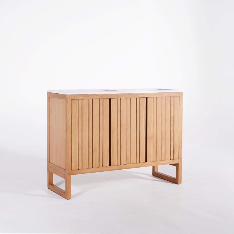 Waschtisch mit Doppelwaschbecken aus Massivholz, Hochglanz Weiß – Satya