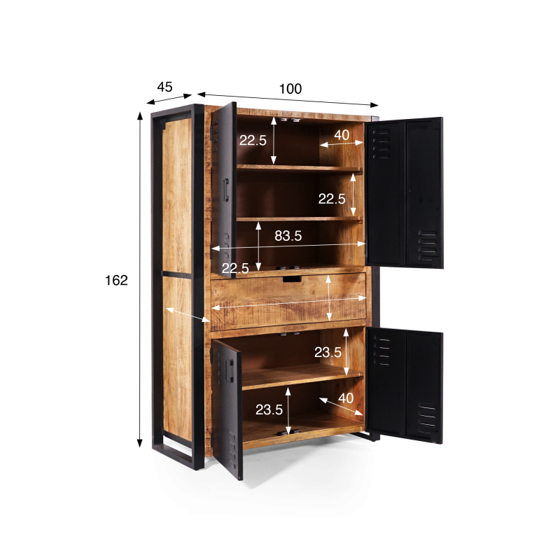 Schrank aus massivem Mangoholz mit Metalltür 100 cm – Kansas