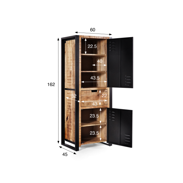 Schrank aus massivem Mangoholz mit Metalltür 60 cm – Kansas