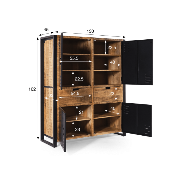 Schrank aus massivem Mangoholz mit Metalltüren 130 cm – Kansas