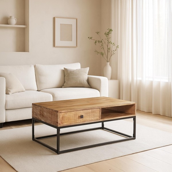 Couchtisch aus massivem Mangoholz mit Metallgestell