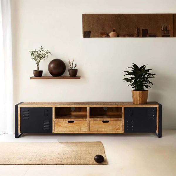 TV-Möbel aus massivem Mangoholz mit Metalltür 220 cm – Kansas