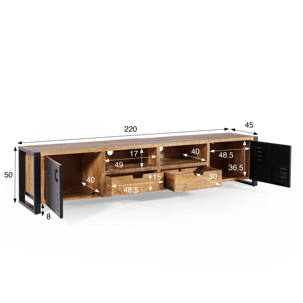 TV-Möbel aus massivem Mangoholz mit Metalltür 220 cm – Kansas