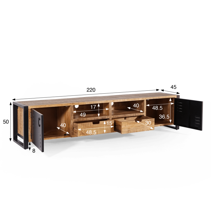 TV-Möbel aus massivem Mangoholz mit Metalltür 220 cm – Kansas