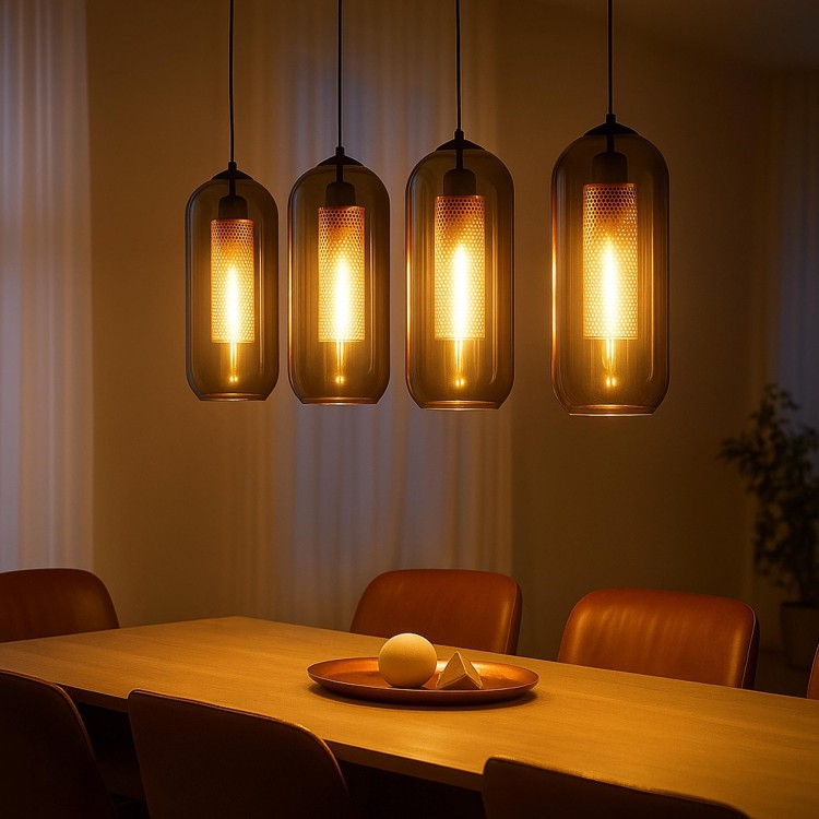 Hängelampe mit mundgeblasenen Rauchglaskappen – Brila