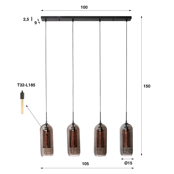 Hängelampe mit mundgeblasenen Rauchglaskappen – Brila