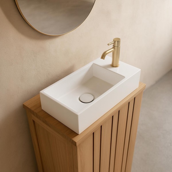 Kleines rechteckiges Keramikwaschbecken, glänzend weiß – Mila