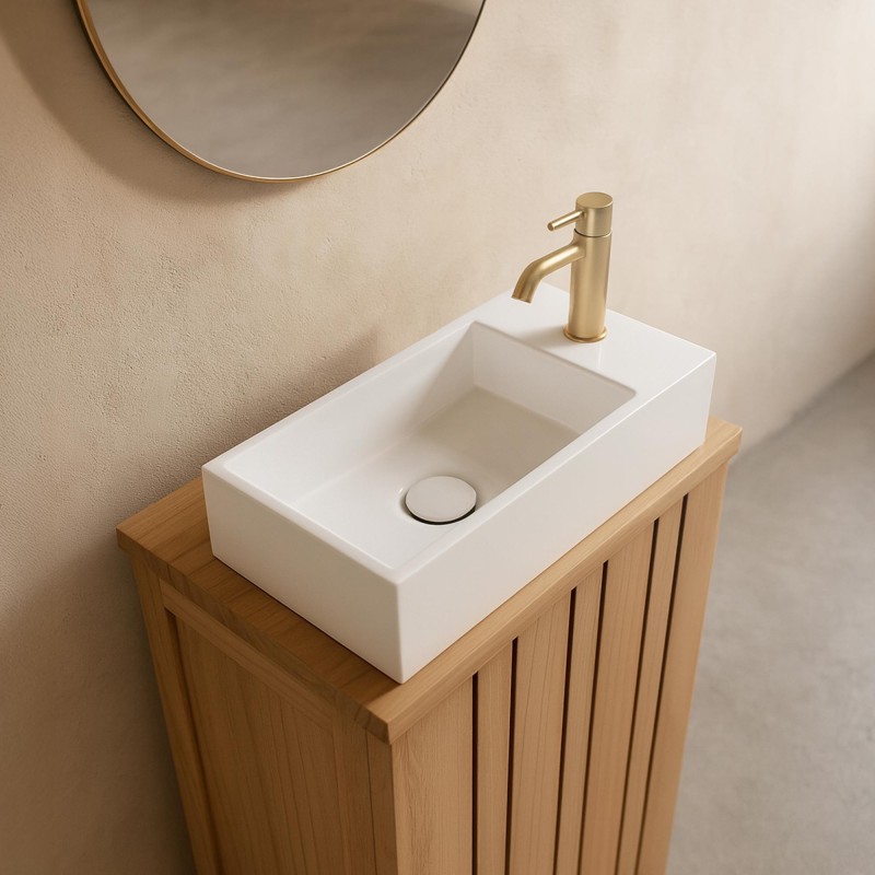 Kleines rechteckiges Keramikwaschbecken, glänzend weiß – Mila