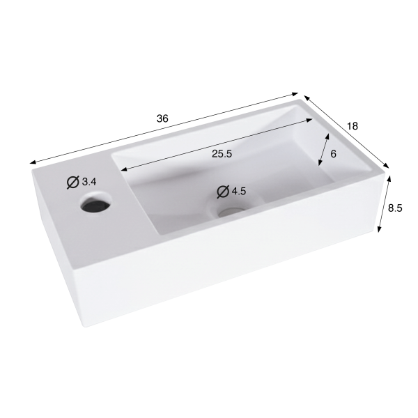 Kleines rechteckiges Keramikwaschbecken, glänzend weiß – Mila