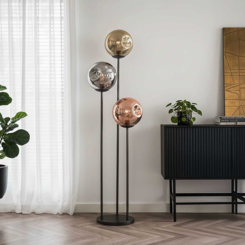 Stehlampe im industriellen Stil aus Metall mit Glaslampenschirmen – Caleo