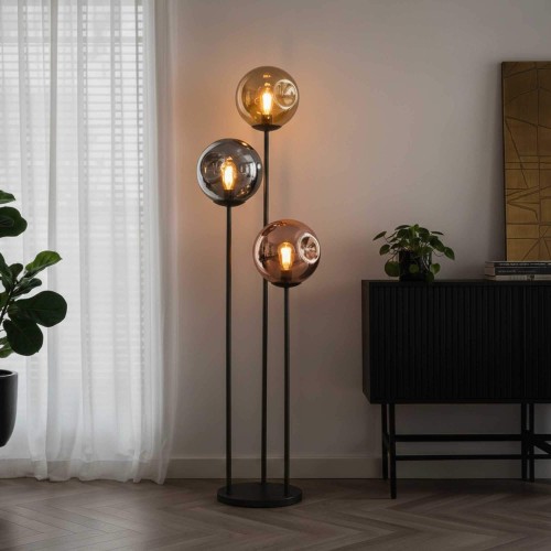 Stehlampe im industriellen Stil aus Metall mit Glaslampenschirmen – Caleo