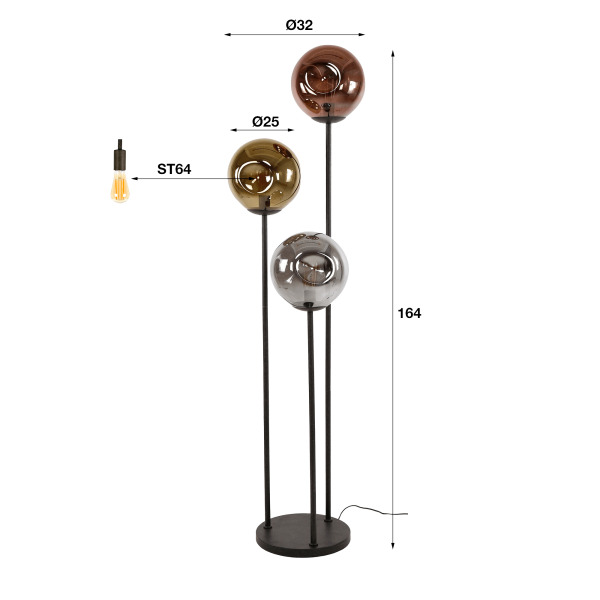 Stehlampe im industriellen Stil aus Metall mit Glaslampenschirmen – Caleo