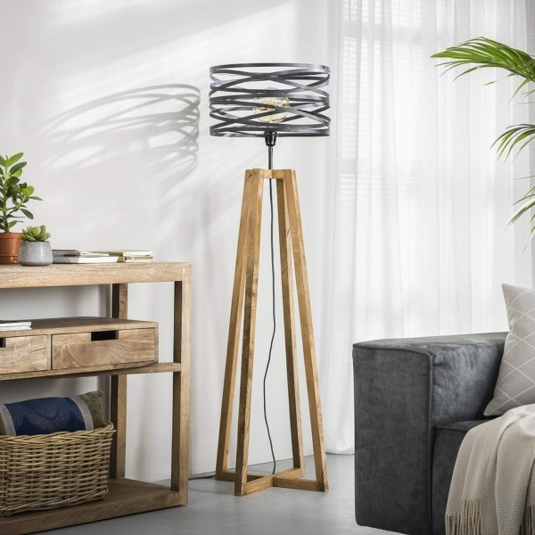Stehlampe für das Wohnzimmer im industriellen Stil aus Holz mit gedrehtem Metallschirm – Twist