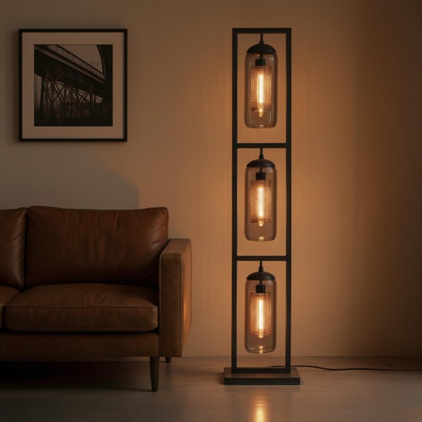 Stehlampe für das Wohnzimmer mit mundgeblasenen Rauchglas-Lampenschirmen – Brila