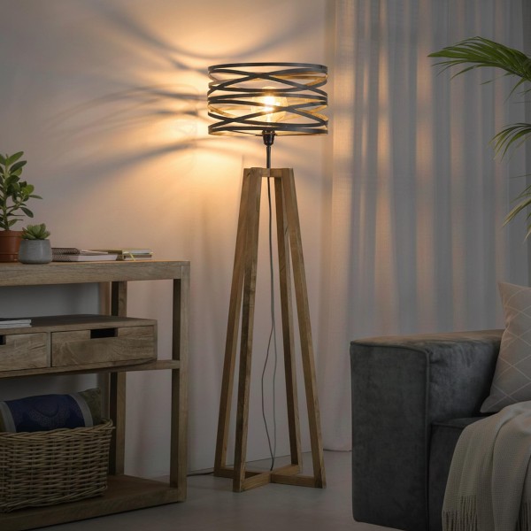 Stehlampe für das Wohnzimmer im industriellen Stil aus Holz mit gedrehtem Metallschirm – Twist
