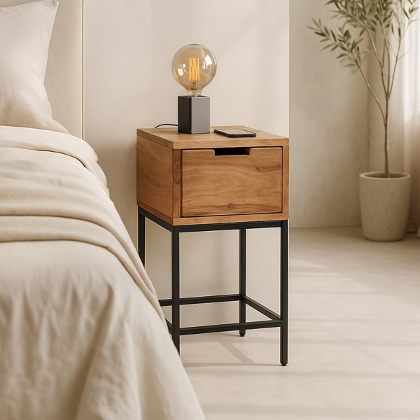 Nachttisch aus Holz und Metall im industriellen Stil – Natura
