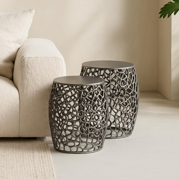 Sofa-Beistelltisch in Schwarznickel mit Aluminiumplatte (2er-Set) – Maze