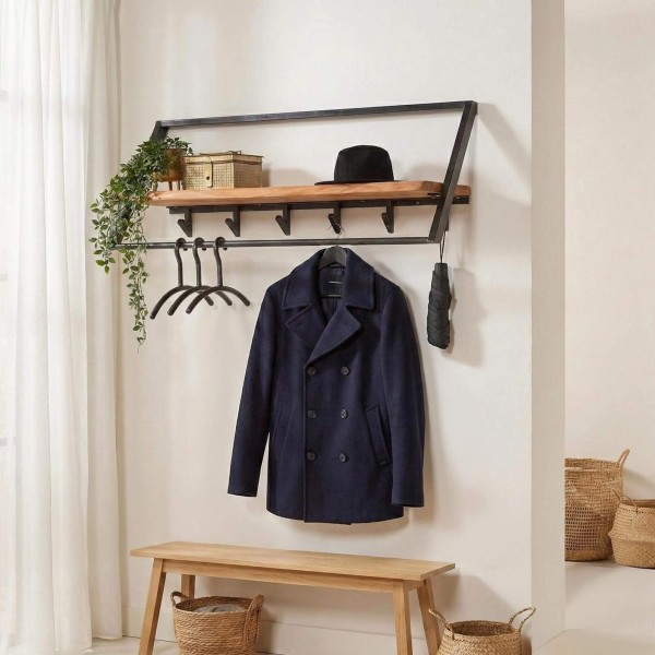 Wandgarderobe aus Metall mit Ablage aus Massivholz – Lean