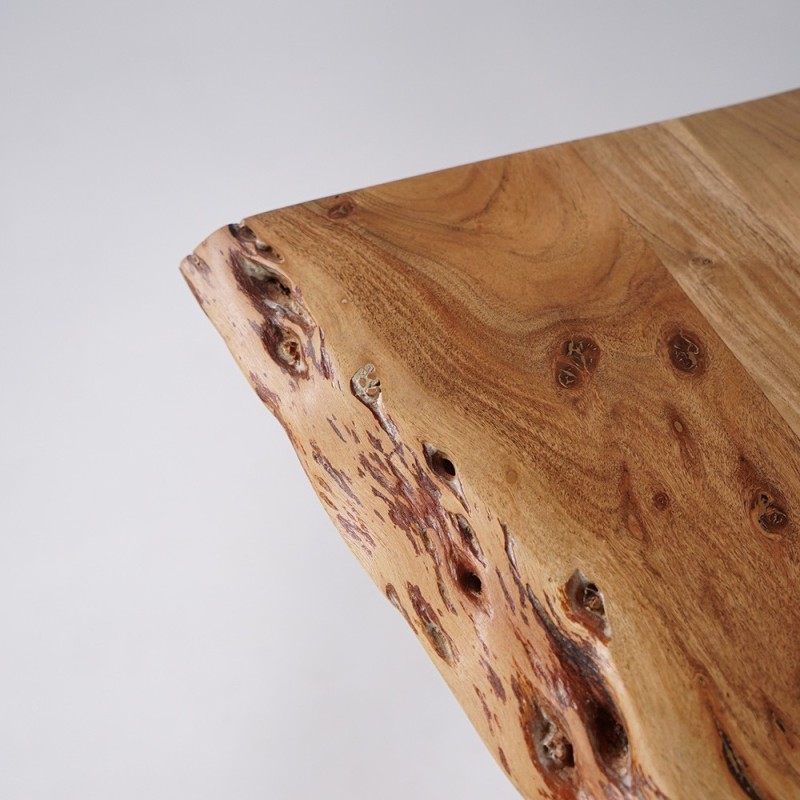 Massivholz-Esstisch mit Metall-Mikadofuß und natürlichen Kanten 220 cm