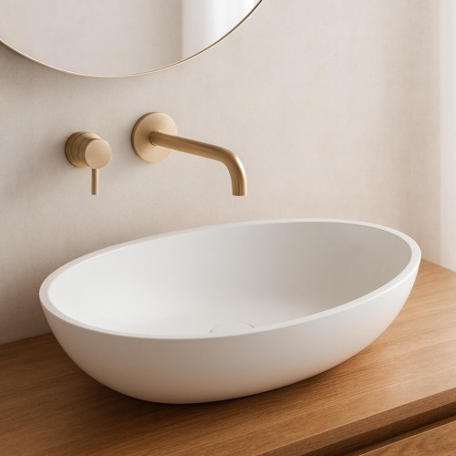 Ovales Aufsatzwaschbecken aus Keramik, glänzend weiß – Vase