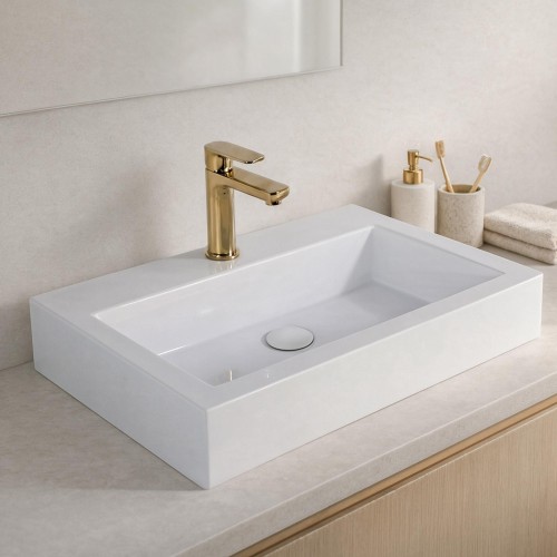 Rechteckiges Aufsatzwaschbecken aus Keramik, glänzend weiß – Odon