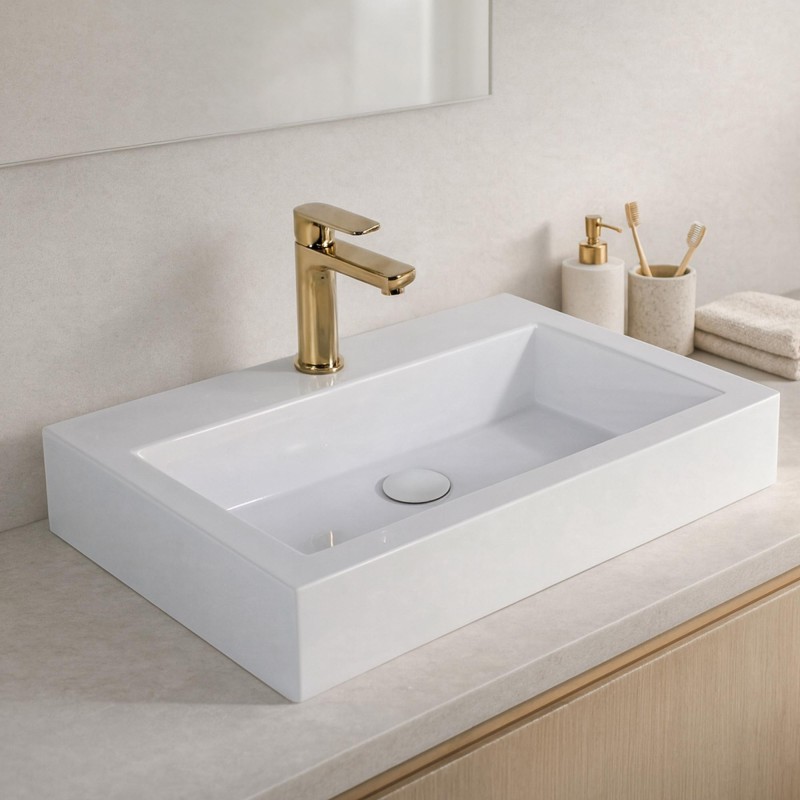 Rechteckiges Aufsatzwaschbecken aus Keramik, glänzend weiß – Odon