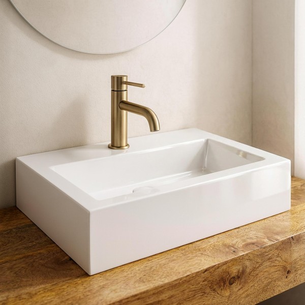 Rechteckiges Aufsatzwaschbecken aus Keramik, glänzend weiß – Odon