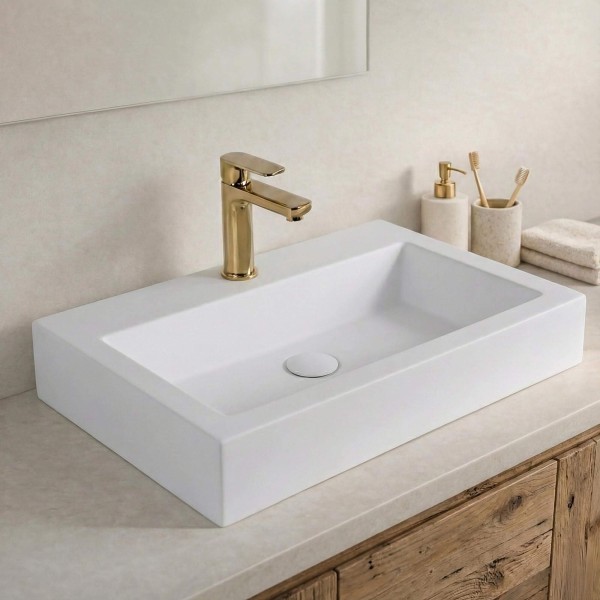 Rechteckiges Aufsatzwaschbecken aus Keramik, matt weiß – Odon