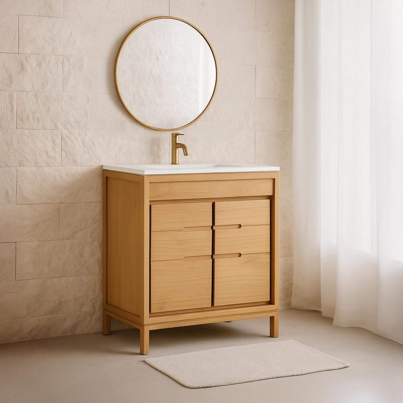 Badmöbel mit Einzelwaschbecken aus Massivholz, matt weiß – Ashwini