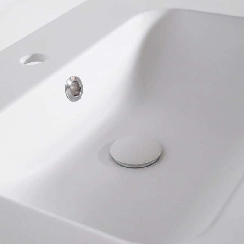 Badmöbel mit Einzelwaschbecken aus Massivholz, matt weiß – Satya