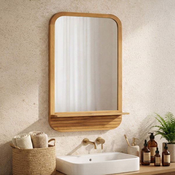 Rechteckiger Spiegel mit Ablage aus massivem Teakholz - Kama