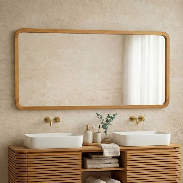 Großer rechteckiger Spiegel mit Teakholzrändern - Kama