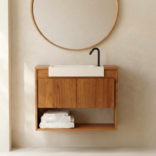 Hängender Handwaschbeckenunterschrank aus massivem Teakholz und weißem Terrazzowaschbecken - Oviya